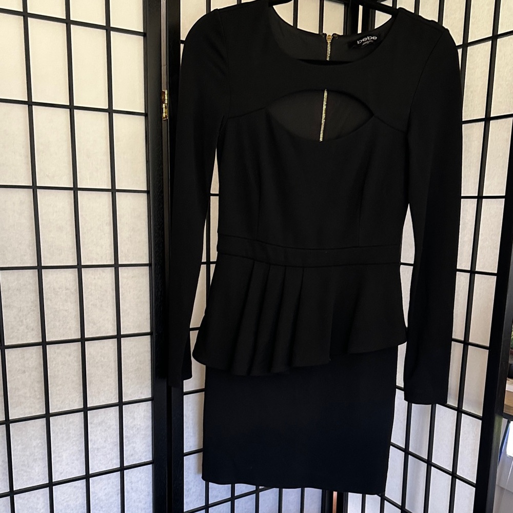 bebe Black Long-Sleeve Peplum Dress with Front Cutout